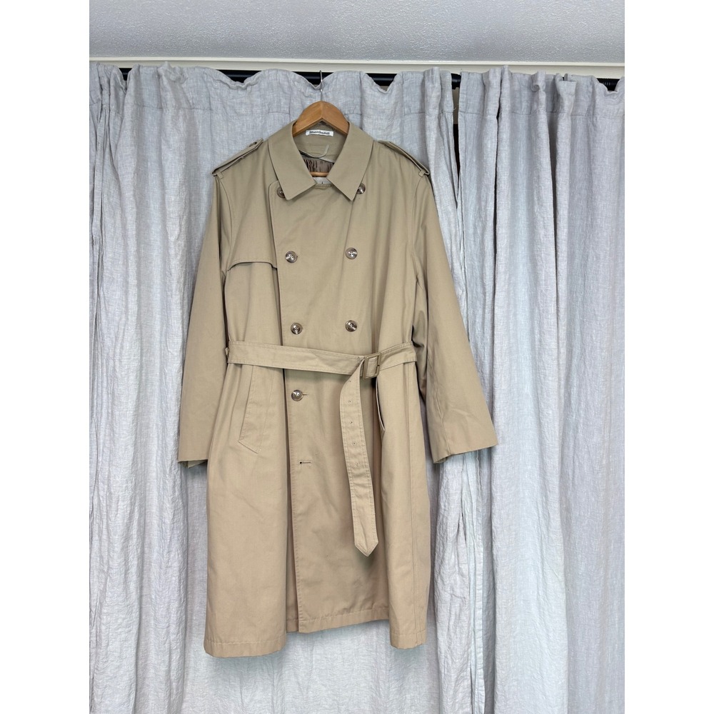 Misty Harbor Mens Tan Trench Coat Double Breasted Belted Faux Fur Liner 44 Reg